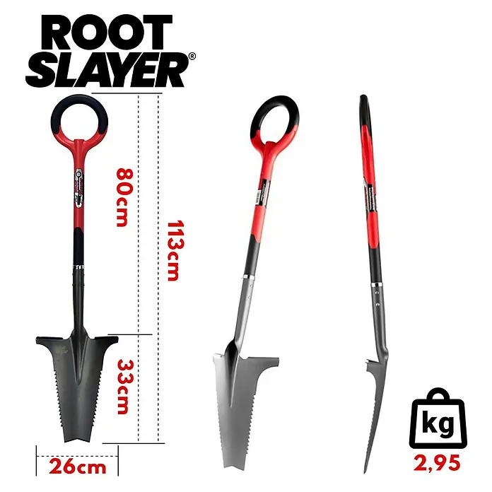 Root Slayer Rodespaten 5in1 - Mit Tritt, Länge: 113 cm - Abbildung eines Root Slayer Spatens mit Maßangaben. Robustes Werkzeug zum Entfernen von Wurzeln.