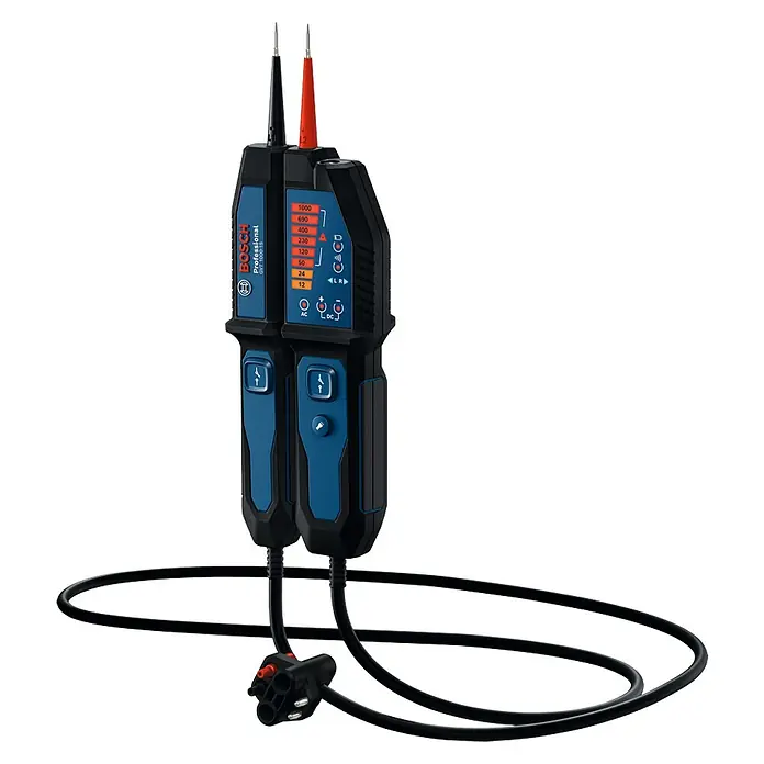 Bosch Professional Spannungsprüfer GVT 1000-15 - 1.000 V, Blau, Schwarz - Das Bild zeigt ein Bosch GVT 1000-15 Spannungsprüfgerät, ein Werkzeug zur sicheren Überprüfung von Spannungen in elektrischen Anlagen.