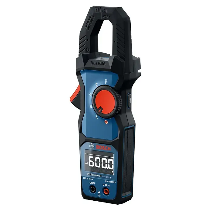 Bosch Professional Stromzange GMC 600-15 - 600 V, Blau, Schwarz - Das Bild zeigt eine Bosch GMC 600-15 Stromzange, ein Werkzeug zur Messung von Wechsel- und Gleichstrom, Spannung, Widerstand und Durchgang.