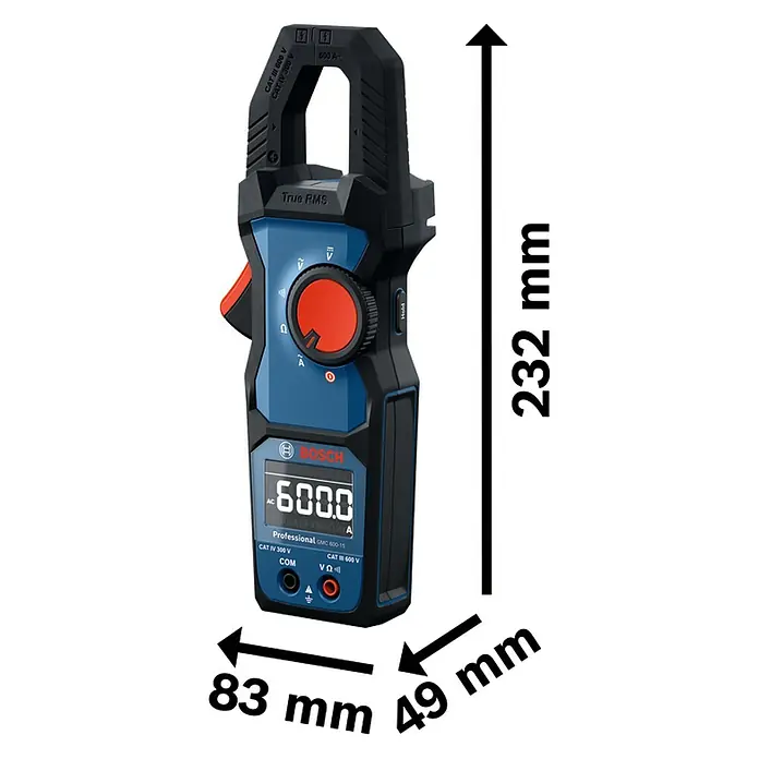 Bosch Professional Stromzange GMC 600-15 - 600 V, Blau, Schwarz - Eine Bosch Professional GMC 600-15 Stromzange, dargestellt mit ihren Abmessungen: 232 mm Höhe, 83 mm Breite und 49 mm Tiefe.