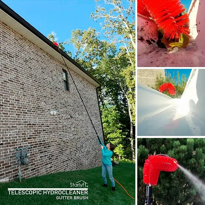 Starlyf Reinigungsbürste Gutter Brush - Passend für: Starlyf Reinigungs- & Polierbürste Telescopic Hydrocleaner - Teleskop-Hydroreiniger Dachrinnenbürste in Aktion. Müheloses Reinigen von Dachrinnen mit verstellbarer Teleskopstange und Bürste.