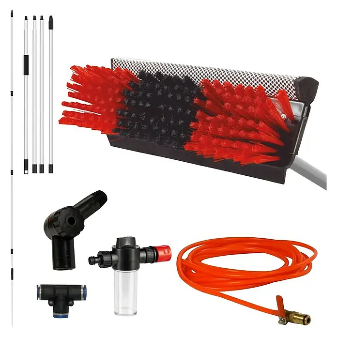 Starlyf Reinigungs- & Polierbürste Telescopic Hydrocleaner - Länge: 3,6 m, Aluminium - Bild eines Waschbürsten-Sets mit Bürste, Griff und diversen Anschlussstücken für Reinigungsarbeiten.