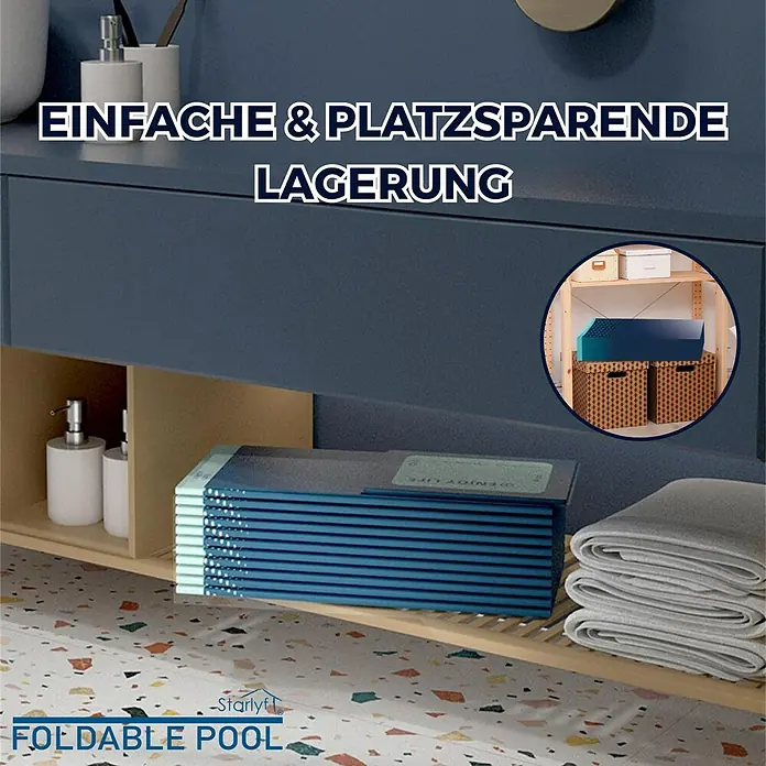 Starlyf Planschbecken - L x B x H: 166 x 107 x 45 cm, 348 l, Faltbar - Das Bild zeigt eine platzsparende Lösung mit einem faltbaren Pool, der einfach zu verstauen ist und somit ideal für kleine Räume geeignet ist.