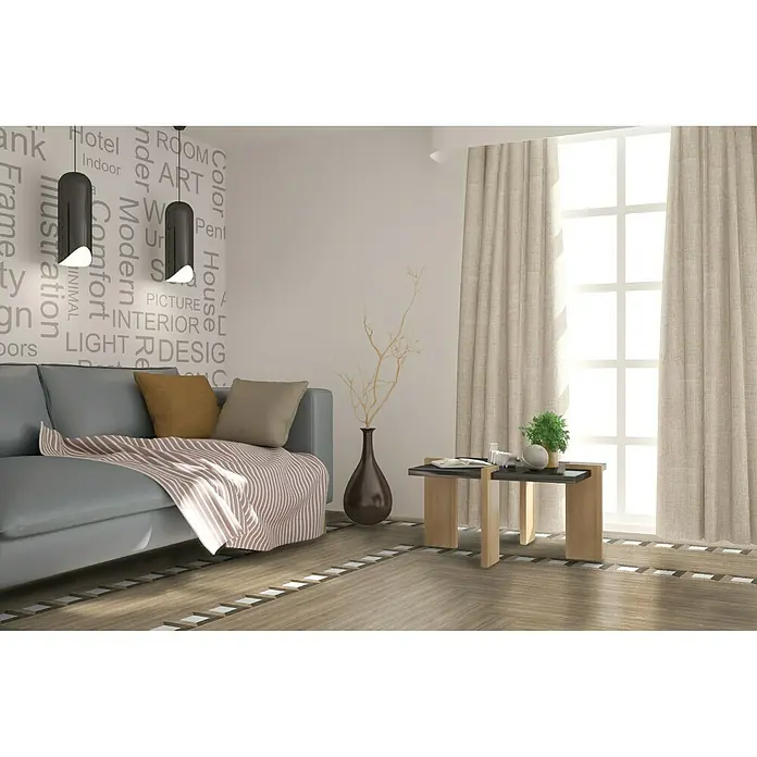 Cenefa para baldosas Trapecio - 20 x 20 cm, Marrón - Salón con sofá gris, mesa de centro y cortinas beige. La pared decorativa y las luces colgantes añaden un toque moderno al espacio.
