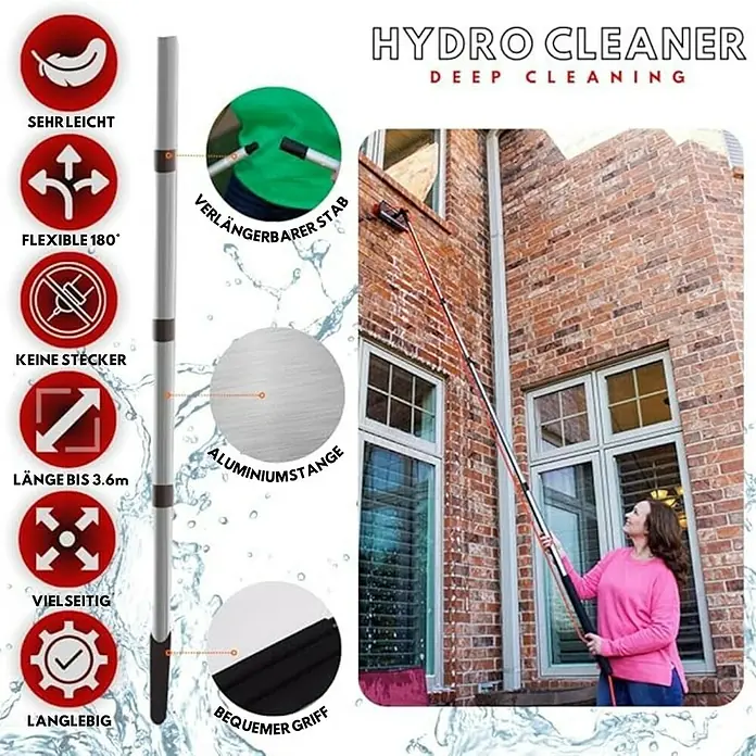Starlyf Reinigungs- & Polierbürste Telescopic Hydrocleaner - Länge: 3,6 m, Aluminium - Bild einer Hydro-Reinigungslösung mit Tiefenreinigung, die eine verstellbare Aluminiumstange mit bequemem Griff verwendet.