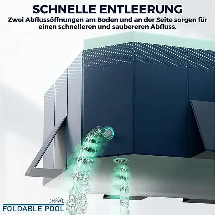 Starlyf Planschbecken - L x B x H: 166 x 107 x 45 cm, 348 l, Faltbar - Das Bild zeigt einen faltbaren Pool der Marke Starlyf, der über zwei Abflüsse für eine schnelle Entleerung verfügt.