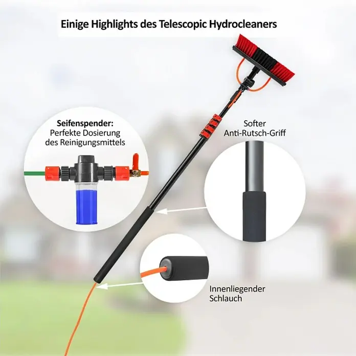 Starlyf Reinigungsbürste Telescopic Hydrocleaner - Länge: 7 m - Teleskop-Hydrocleaner mit Bürste, Seifenspender, Anti-Rutsch-Griff und Schlauch.