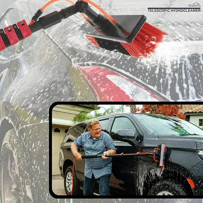 Starlyf Reinigungsbürste Telescopic Hydrocleaner - Länge: 7 m - Das Teleskop-Hydroreinigungsgerät in Aktion, ideal für die mühelose Autowäsche.