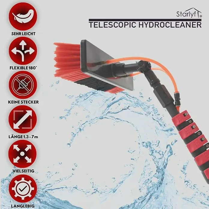 Starlyf Reinigungsbürste Telescopic Hydrocleaner - Länge: 7 m - Abbildung des Starlyf Teleskop-Hydroreinigers mit rotem Bürstenkopf und Wasserspritzer im Hintergrund.