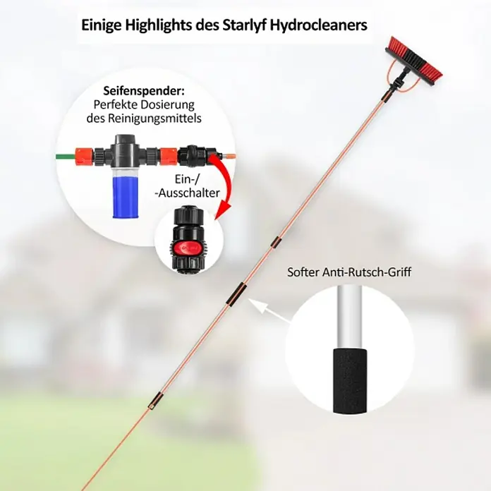 Starlyf Reinigungs- & Polierbürste Telescopic Hydrocleaner - Länge: 3,6 m, Aluminium - Das Starlyf Hydrocleaner-System: Mit Seifenspender für präzise Dosierung, Ein-/Ausschalter und Anti-Rutsch-Griff für komfortable Reinigung.