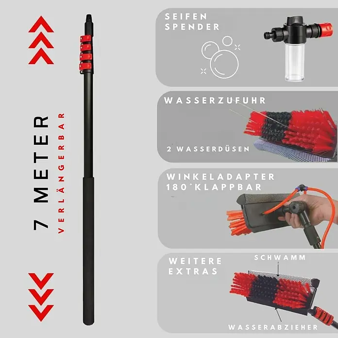 Starlyf Reinigungsbürste Telescopic Hydrocleaner - Länge: 7 m - Abbildung eines 7-Meter-Teleskop-Reinigungssets mit verschiedenen Bürstenaufsätzen, Seifenspender und Winkeladapter für vielfältige Reinigungsaufgaben.