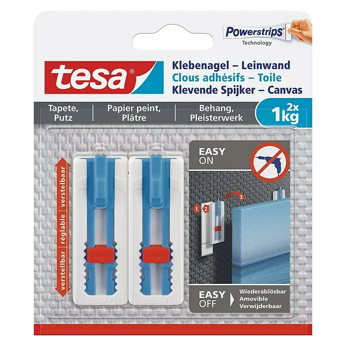 Tesa Klebenagel - Geeignet für: Leinwände, Belastbarkeit: 1 kg, 2 Stk., Blau - Tesa Klebenagel für Leinwände, ideal zum Aufhängen ohne Bohren. Bis zu 1kg Gewicht, verstellbar und wiederablösbar.