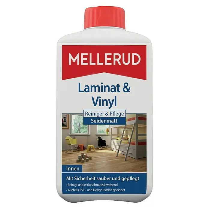 Mellerud Reinigungs- & Pflegemittel Laminat & Vinylboden - 1 l, Flasche mit kindergesichertem Verschluss - Produktabbildung von MELLERUD Laminat & Vinyl Reiniger & Pflege Seidenmatt, für die effektive Reinigung und Pflege von Laminat- und Vinylböden.