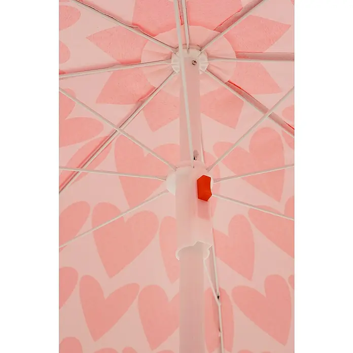 Mica Decorations Strandschirm - Rosa, Durchmesser Bespannung: 160 cm - Nahaufnahme eines rosafarbenen Sonnenschirms mit Herzmuster, der einen verspielten und schützenden Schatten spendet.