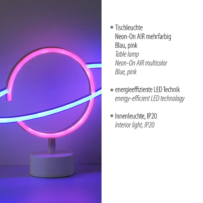 Just Light LED-Dekoleuchte Neon Saturn - Neon Saturn, L x B x H: 8,5 x 29,5 x 24 cm, Netzbetrieben - Neon-Tischleuchte "Neon-On AIR" mit mehrfarbigen LED-Streifen in Blau und Pink. Energieeffiziente Technologie und Innenleuchte IP20.