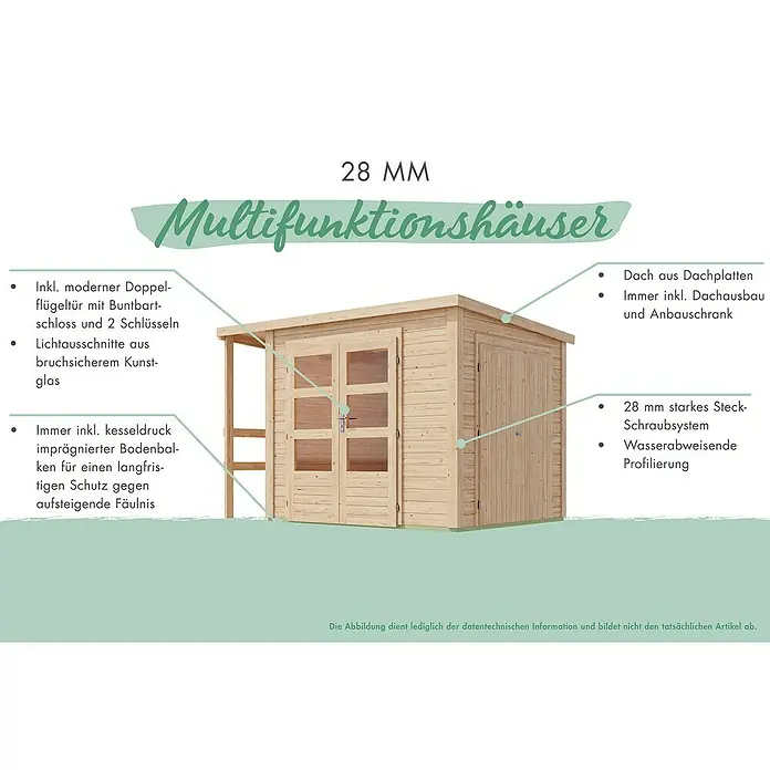 Karibu Gerätehaus Multi - Außenmaß inkl. Dachüberstand (B x T): 319 x 219 cm, Holz, Terragrau - Produktabbildung eines 28 mm Multifunktionshauses mit Doppelflügeltür, Dachplatten und kesseldruckimprägnierten Bodenbalken für langfristigen Schutz.