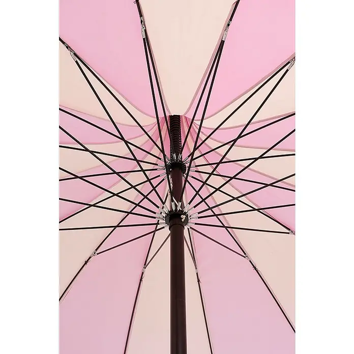 Mica Decorations Strandschirm - Rosa, Durchmesser Bespannung: 220 cm - Nahaufnahme eines rosa-weiß gestreiften Sonnenschirms, der von unten die Konstruktion und das Muster zeigt.