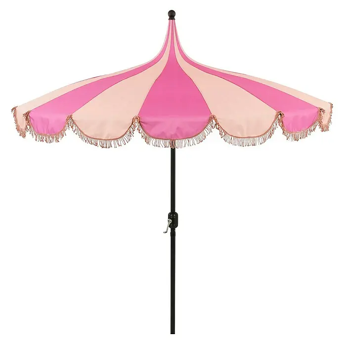 Mica Decorations Strandschirm - Rosa, Durchmesser Bespannung: 220 cm - Sonnenschirm mit rosa und beigen Streifen und Fransen für den Strand oder Garten.