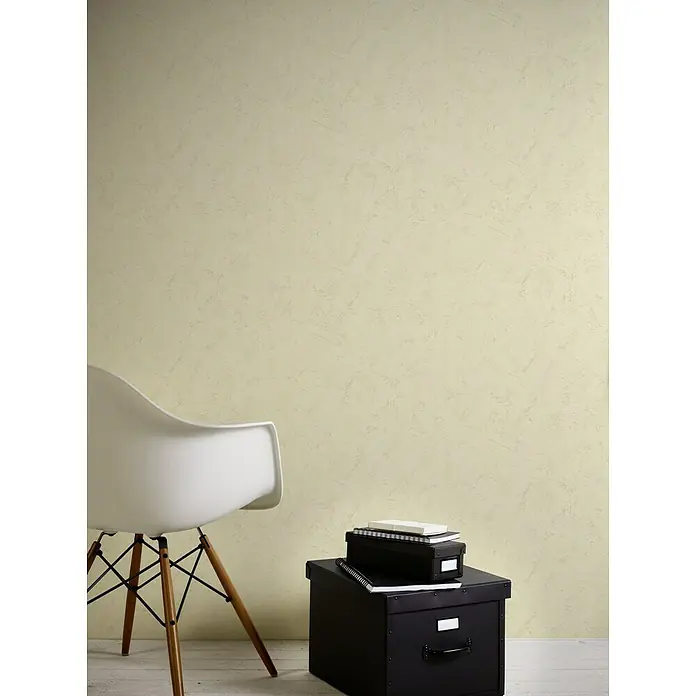 Vliestapete - Creme, Uni, 10,05 x 0,53 m, Spachtelstruktur - Eine moderne Einrichtung mit einem weißen Schalenstuhl und schwarzen Aufbewahrungsboxen, die ein stilvolles und funktionales Ambiente schaffen.