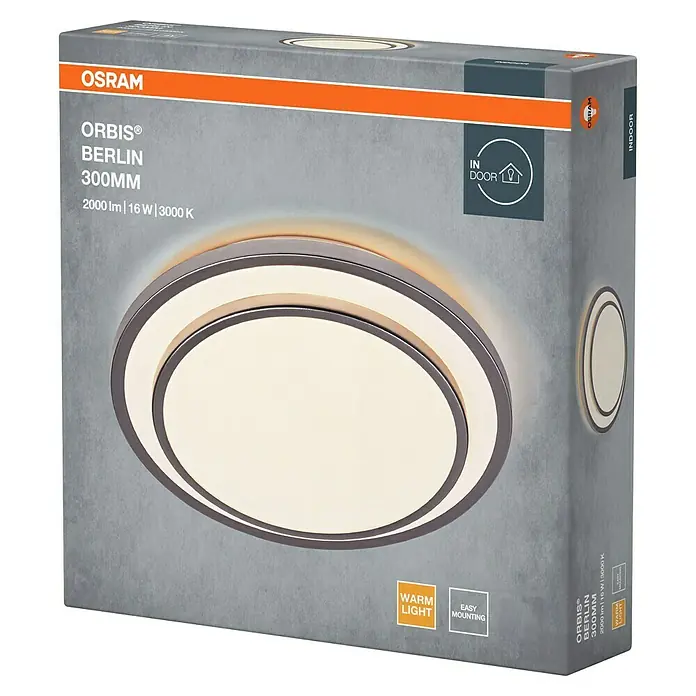 Osram Orbis LED-Deckenleuchte rund Berlin - 16 W, Ø x H: 29,3 x 6,5 cm, Silber, Warmweiß - Die OSRAM Orbis® Berlin 300MM Deckenleuchte in der Verpackung. Beleuchtung für Innenräume mit warmweißem Licht und einfacher Montage.