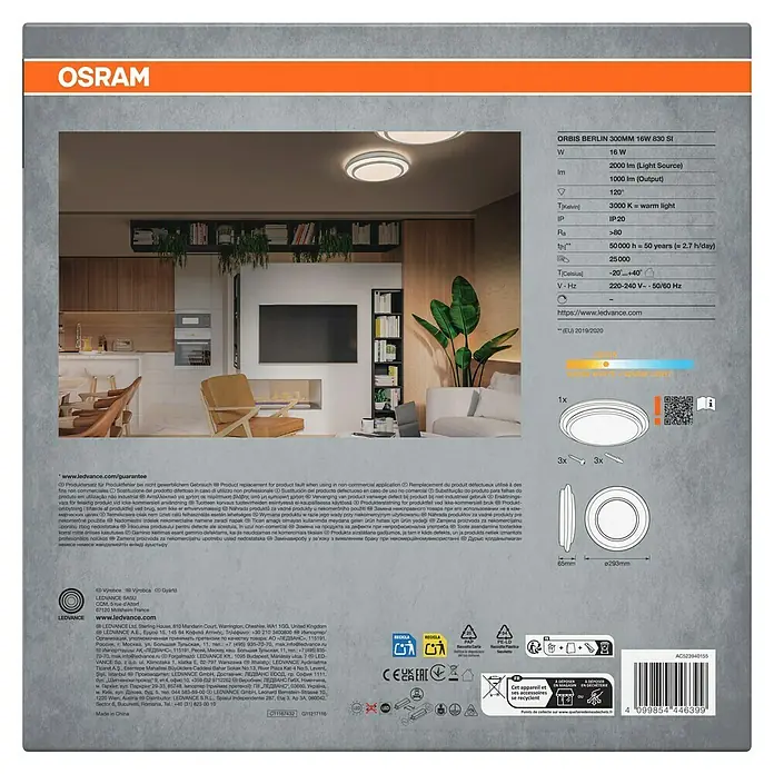 Osram Orbis LED-Deckenleuchte rund Berlin - 16 W, Ø x H: 29,3 x 6,5 cm, Silber, Warmweiß - Verpackung der LEDVANCE ORBIS BERLIN 300MM 16W 830 SI Deckenleuchte, die ihre Produktspezifikationen und Designmerkmale hervorhebt.