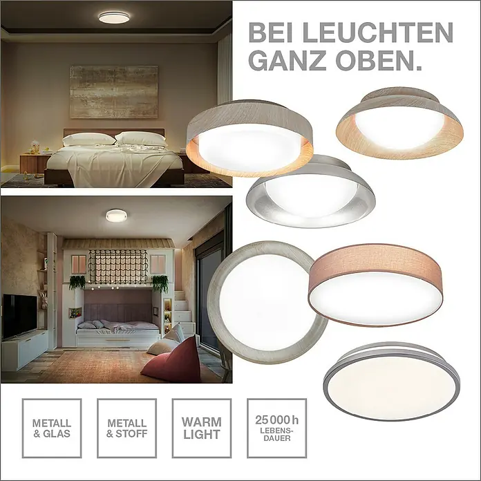 Osram Orbis LED-Deckenleuchte rund Berlin - 16 W, Ø x H: 29,3 x 6,5 cm, Silber, Warmweiß - Eine Collage mit verschiedenen Deckenleuchten in unterschiedlichen Designs und Materialien, die eine gemütliche Atmosphäre schaffen.