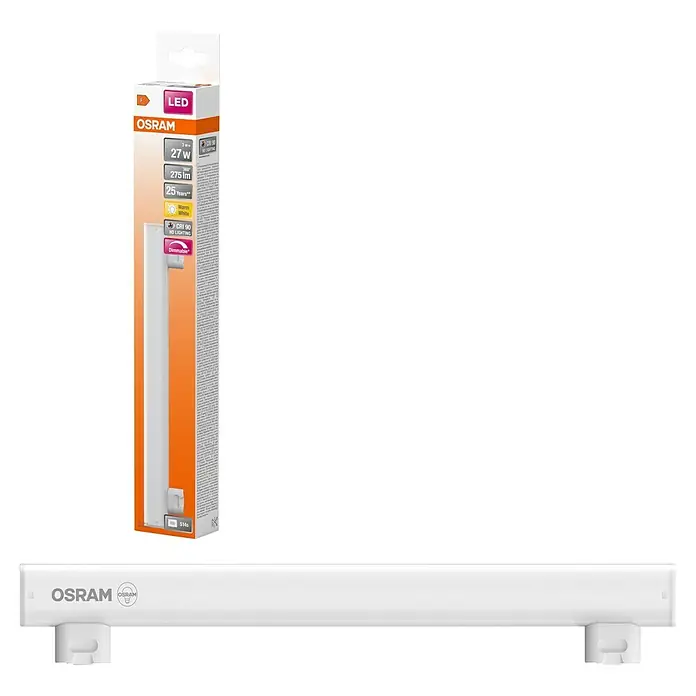 Osram Linienlampe LEDinestra - Länge: 300 mm, Warmweiß, 3 W, 250 lm, S14s - Abbildung einer OSRAM LED-Leuchte in der Verpackung, die Details wie Leistung, Helligkeit und Lebensdauer hervorhebt.