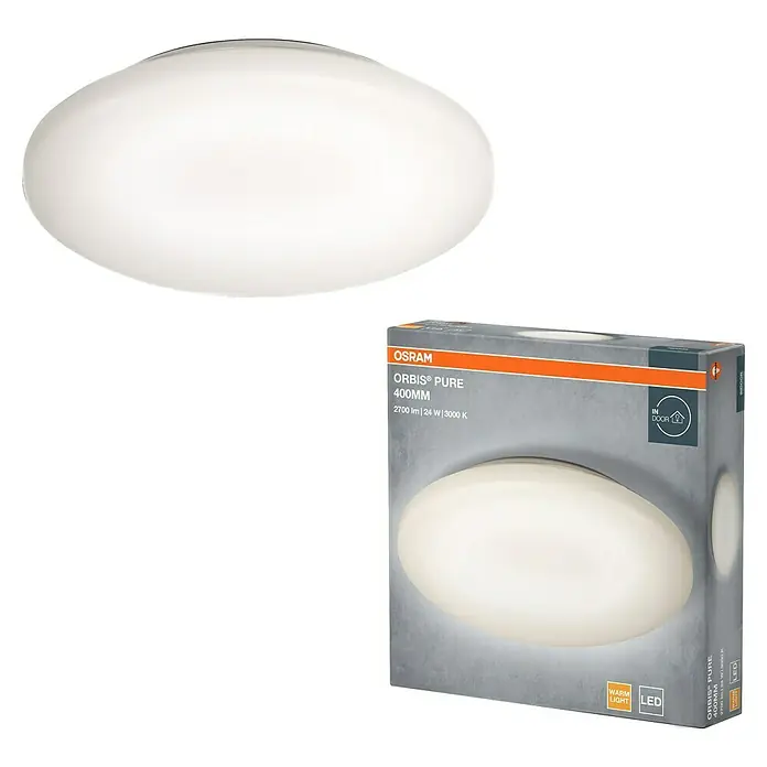 Osram LED-Wand- & Deckenleuchte rund Pure - 21 W, Ø x H: 400 mm x 8,8 cm, Weiß - Das Osram Orbis Pure 400mm LED Panel, hier in der Verpackung und als Produktbild, bietet warmweißes Licht für Innenräume.
