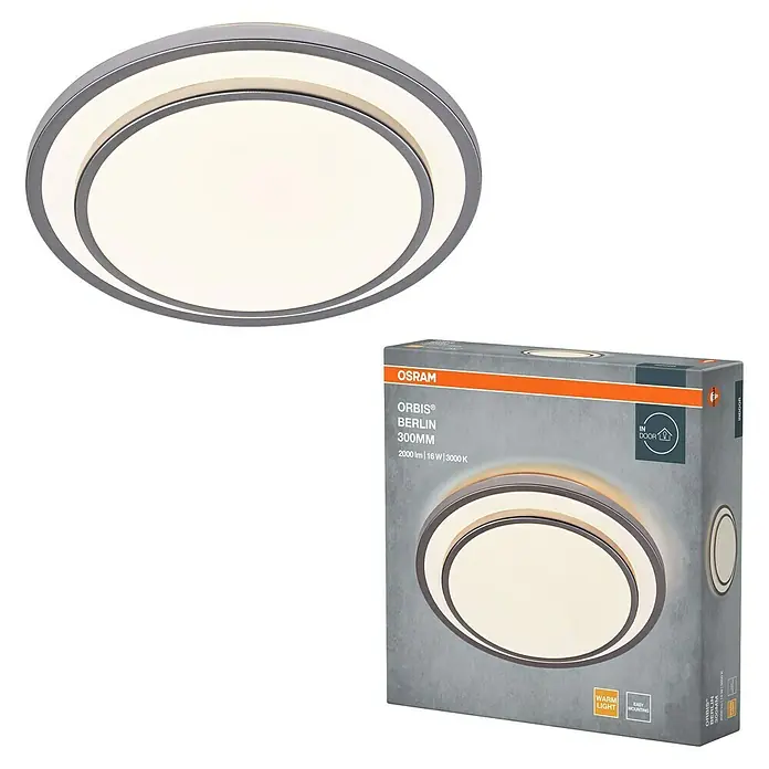 Osram Orbis LED-Deckenleuchte rund Berlin - 16 W, Ø x H: 29,3 x 6,5 cm, Silber, Warmweiß - Deckenleuchte OSRAM ORBIS® BERLIN 300MM mit modernem Design und energiesparender LED-Technologie, ideal für Innenräume.