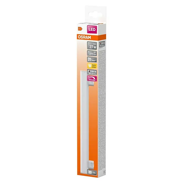 Osram Linienlampe LEDinestra - Länge: 300 mm, Warmweiß, 3 W, 250 lm, S14s - Produktverpackung einer Osram LED Lampe, S14s Sockel, 3W Leistung, warmweißes Licht, dimmbar, hohe Farbwiedergabe und langer Lebensdauer.