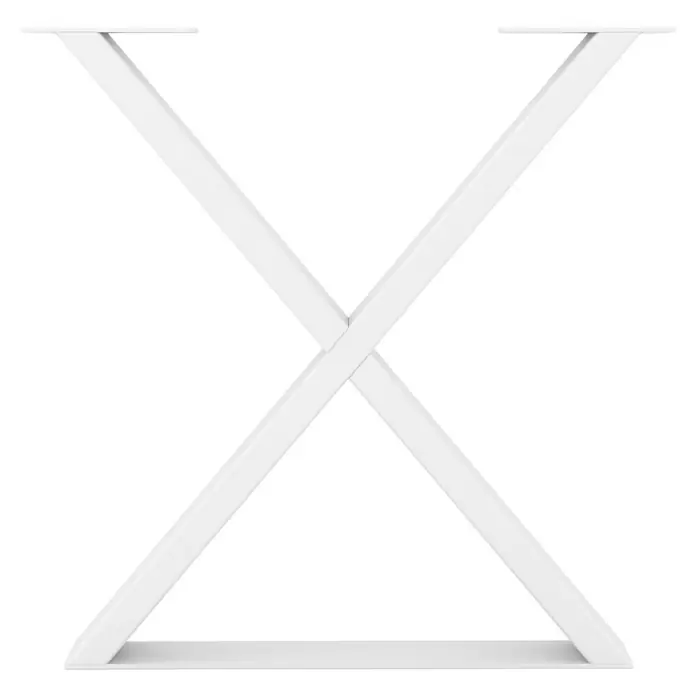 Rei Möbelfuß - B x H: 40 x 40 cm, Traglast: 200 kg, Stahl, Weiß - Eine Nahaufnahme des weißen Leiterregals mit einem einzigartigen X-förmigen Design und horizontalen Regalböden vor einem schwarzen Hintergrund.