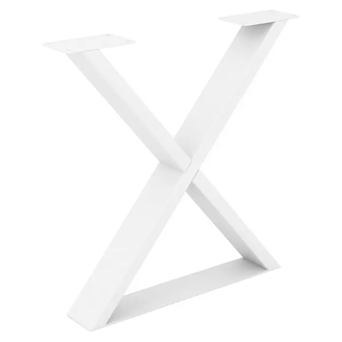 Rei Möbelfuß - B x H: 40 x 40 cm, Traglast: 200 kg, Stahl, Weiß - Das Bild zeigt ein weißes Tischgestell in X-Form, ideal für moderne Möbeldesigns und DIY-Projekte, präsentiert auf einem schwarzen Hintergrund.