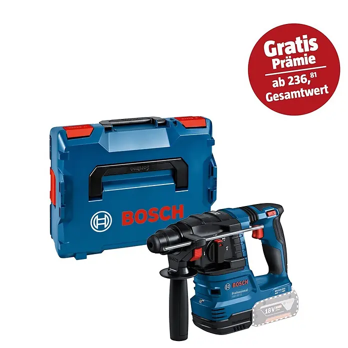 Bosch Professional AMPShare 18V Akku-Bohrhammer GBH 18V-22 - 18 V, Ohne Akku, 1,9 J - Abgebildet ist eine Bosch GBH 18V-34 Akku-Bohrmaschine mit Zubehör. Gratis Prämie ab 236,81 Gesamtwert.
