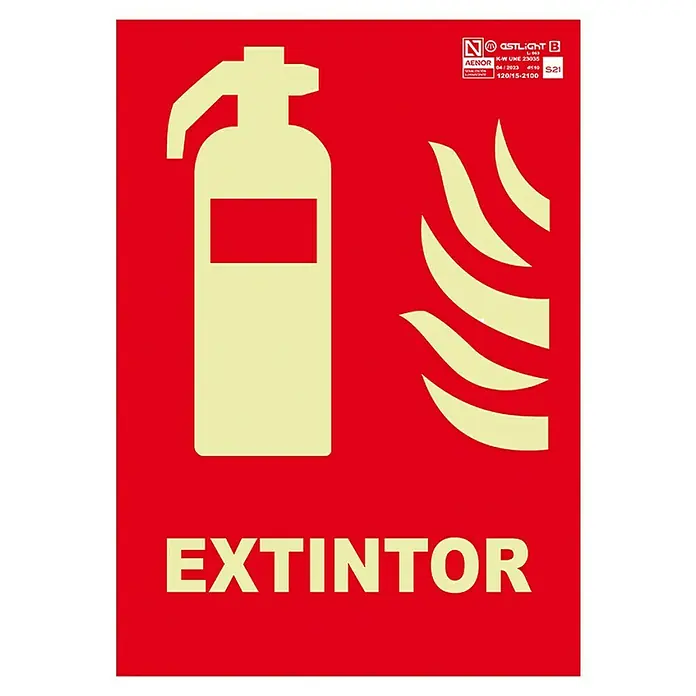 Cartel - 21 x 29,7 cm, Extintor de incendios - Señal con un extintor amarillo claro y llamas sobre un fondo rojo, con la palabra "EXTINTOR" debajo.