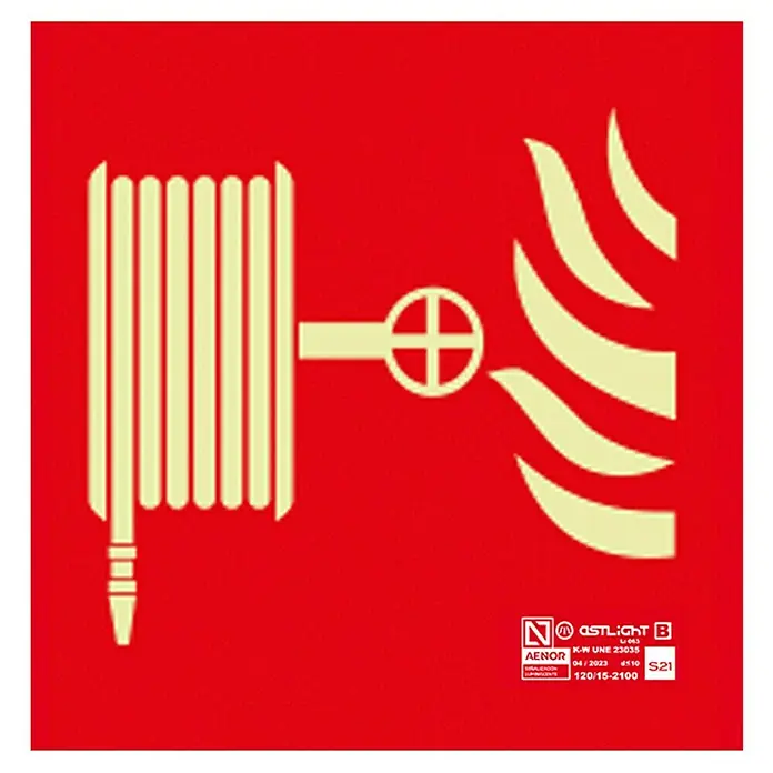 Cartel - Rojo, Manguera antiincendios - Señal de seguridad contra incendios: manguera de incendios y grifo sobre fondo rojo.