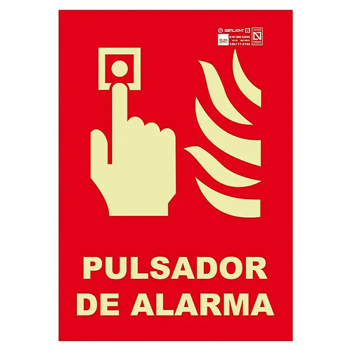 Cartel - Rojo, Pulsador de alarma - Señal de seguridad contra incendios con símbolo de pulsador de alarma, mano y llamas.