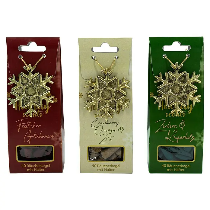 Räucherkerze Wintertraum - 1 Stk., Duft: Sortiert - Drei Packungen "Holiday Scents" Räucherkegel mit Halter in Rot, Beige und Grün mit verschiedenen Duftrichtungen.
