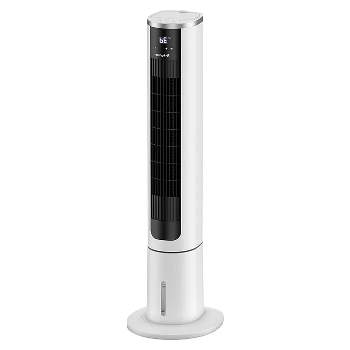 Purline Rafy Climatizador evaporativo 75N - Blanco, Altura: 101 cm - Imagen de un elegante ventilador de torre blanco con pantalla digital y diseño moderno, perfecto para una refrigeración eficiente.