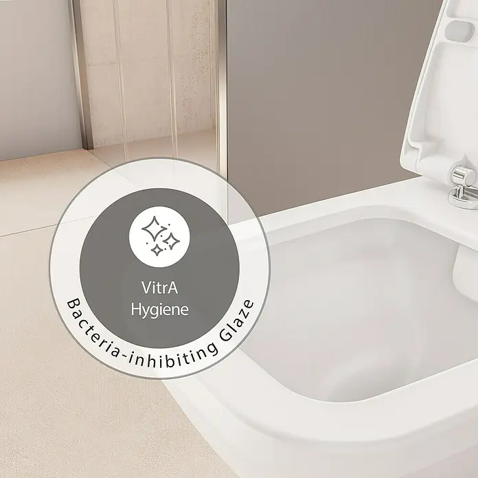 VitrA Equal Wand-WC - Spülrandlos, Mit schmutzabweisender Glasur, Spülform: Tief, WC Abgang: Waagerecht, Weiß - Bild eines VitrA-WCs mit antibakterieller Glasur, das für Hygiene und Sauberkeit im Badezimmer sorgt.