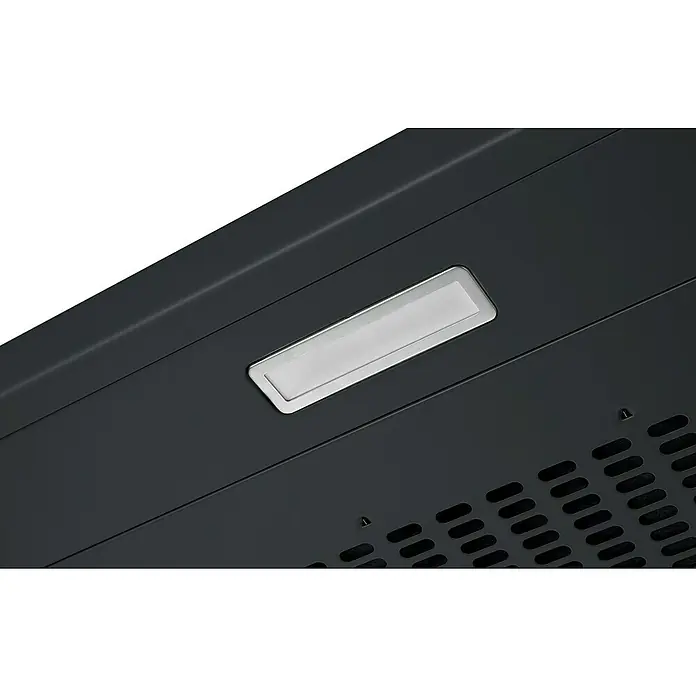 Respekta Unterbauhaube Sina - Breite: 60 cm, Max. Gebläseleistung Abluftbetrieb: 206,1 m³/h, Schwarz - Detailaufnahme eines schwarzen Desktop-Computergehäuses mit silberfarbenem Etikettenhalter und Lüftungsschlitzen.