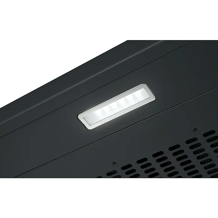Respekta Unterbauhaube Sina - Breite: 60 cm, Max. Gebläseleistung Abluftbetrieb: 206,1 m³/h, Schwarz - Nahaufnahme einer Dunstabzugshaube mit LED-Beleuchtung und Lüftungsgittern. Das Design ist modern und funktional.