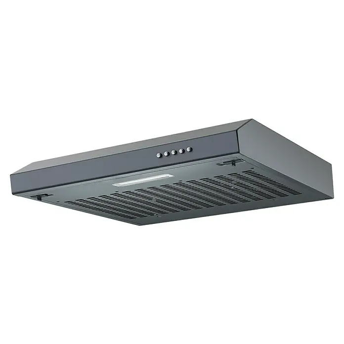 Respekta Unterbauhaube Sina - Breite: 60 cm, Max. Gebläseleistung Abluftbetrieb: 206,1 m³/h, Schwarz - Bild einer Dunstabzugshaube in dunkler Farbe mit Knöpfen und einem Licht für eine gut beleuchtete Arbeitsfläche beim Kochen.