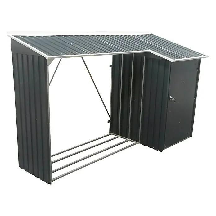Tepro Cobertizo con leñero Metálico Combo - Acero, Antracita - Esta imagen muestra un cobertizo de herramientas moderno y gris con un techo inclinado, ideal para guardar herramientas de jardín y madera.