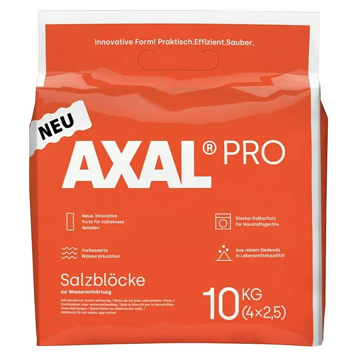 Axal Regeneriersalz - 10 kg - Abbildung einer Packung AXAL Pro Salzblöcke zur Wasserenthärtung, innovative Form, praktisch, effizient und sauber.