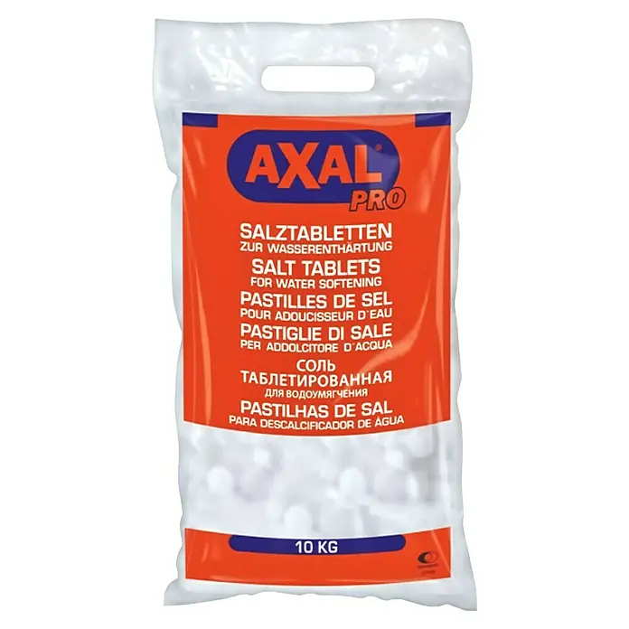 Axal Regenerier-Siedesalztabletten - 10 kg - Sack mit AXAL PRO Salztabletten zur Wasserenthärtung mit mehrsprachiger Beschriftung und 10 kg Füllgewicht.