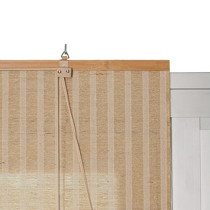 Estor enrollable Yute - An x Al: 120 x 250 cm, Cerezo - Vista detallada de una persiana enrollable de bambú con cordón de tracción y suspensión, mostrando una solución de sombra natural.