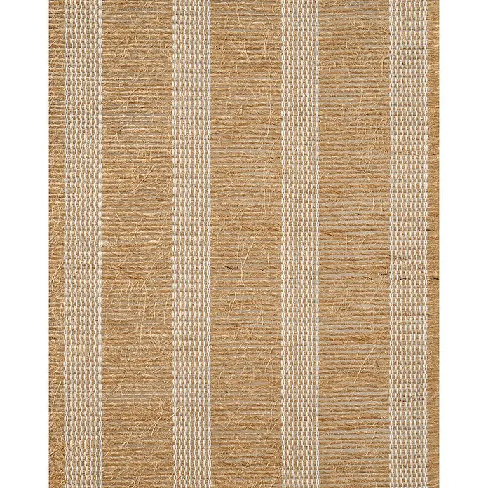 Estor enrollable Yute - An x Al: 120 x 250 cm, Cerezo - Primer plano de una alfombra de rayas hecha de material natural con rayas marrones y blancas alternadas, proporcionando textura y calidez.