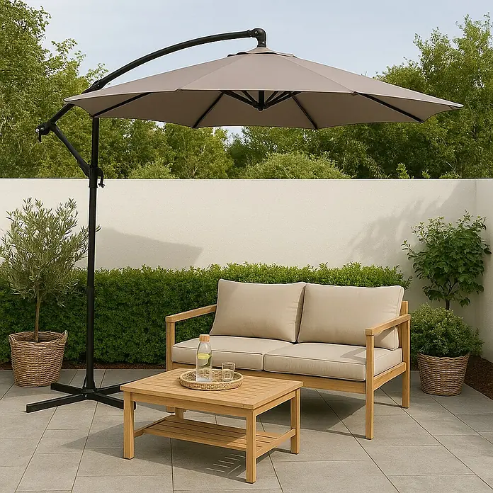Parasol de jardín Enna - Taupe, Diámetro de cobertura: 300 cm, Aluminio - Conjunto de muebles de jardín con sofá, mesa y gran sombrilla para relajarse.
