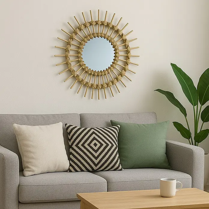 Espejo de pared Sol Bambú - Diámetro: 53 cm, Natural - Decoración de sala de estar con un espejo redondo con un marco decorativo en la pared sobre un sofá con cojines.
