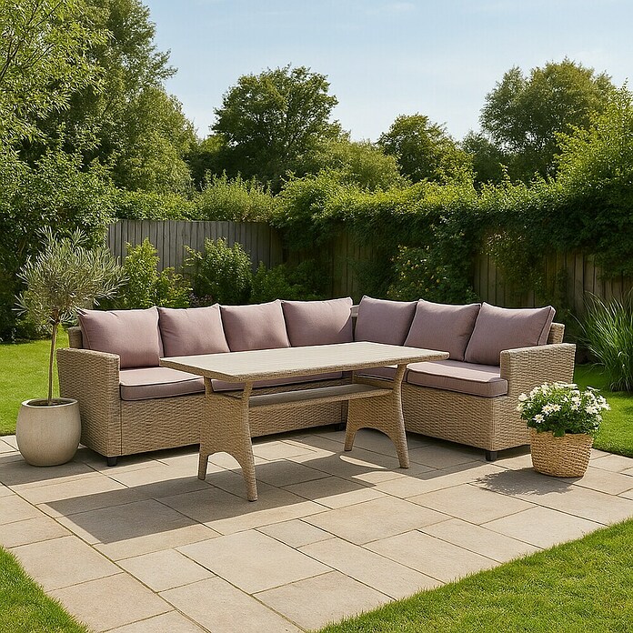 Sunfun Conjunto de muebles Namsted (3 pzs., Ratán sintético/Acero, Beige) | BAUHAUS
